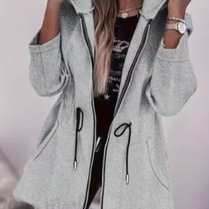 Women’s Gray Zip-Front Hoodie Coat with Drawstring Waist